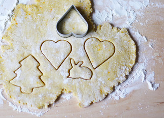 the dough for the shortbread in a heart shape on cutting Board