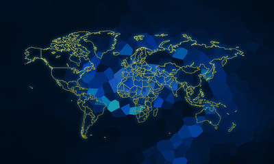 World map in gold wrap. Map in gold. World map on blue abstract background