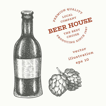 Beer glass bottle and hop illustration. Hand drawn vector pub beverage illustration. Engraved style. Retro brewery illustration.
