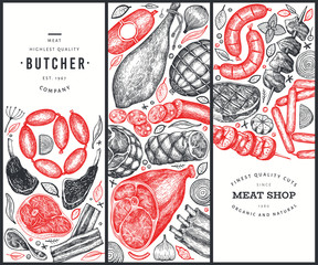 Set of three meat products design templates. Vector hand drawn ham, sausages, steaks, jamon, spices and herbs. Retro illustrations. Can be use for label, restaurant menu.