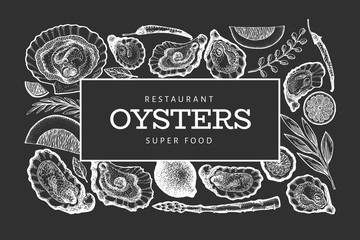 Oysters and spices design template. Hand drawn vector illustration on chalk board. Seafood banner. Can be used for design menu, packaging, recipes, label, fish market, seafood products.