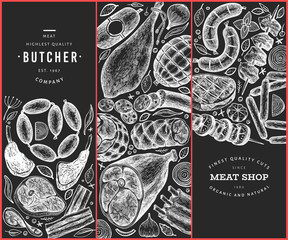 Set of three meat products design templates. Vector hand drawn ham, sausages, steaks, jamon, spices and herbs. Retro illustrations on chalk board. Can be use for label, restaurant menu.