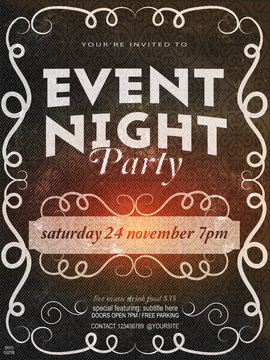 Black and white event night party invitation design template with a geometric ornament on a chalkboard for an invitation, advertising, banner, vector design. To see similar, please VISIT MY PORTFOLIO.