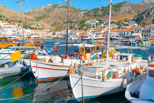 Hydra waterfront with its quaint fishing boats