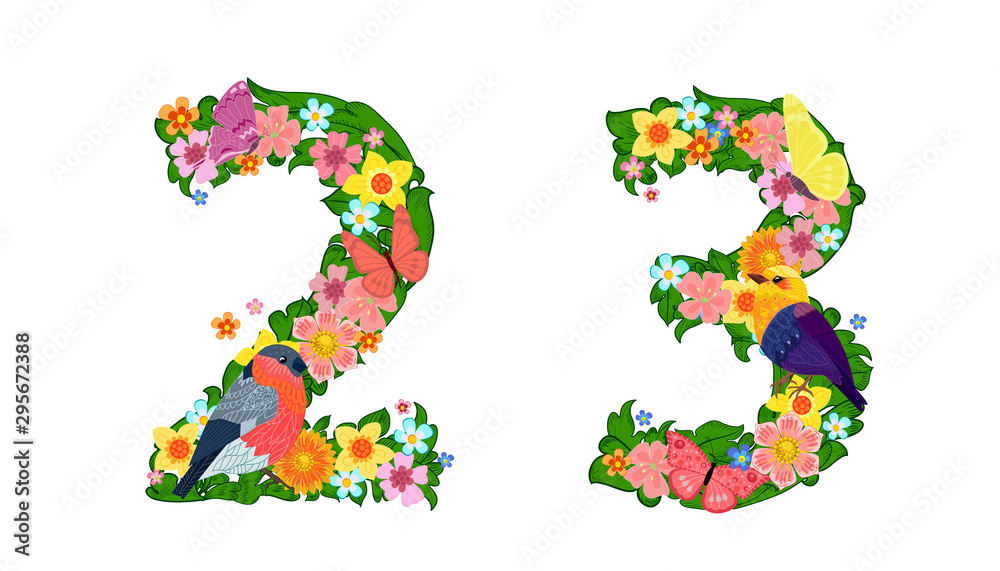 Wall mural fancy collection of colorful numbers 2, 3 with butterflies and b