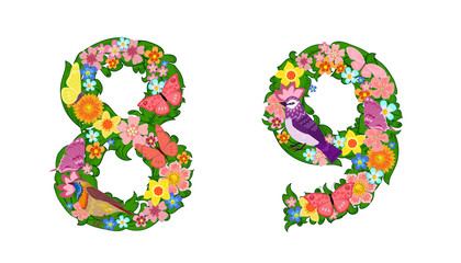 fancy collection of colorful numbers 8, 9 with butterflies and b