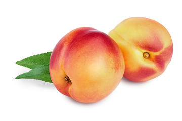 Nectarine fruit with leaf isolated on white background cutout