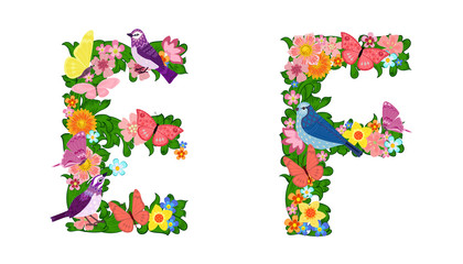 fancy collection of colorful letters E, F with butterflies and b