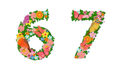 fancy collection of colorful numbers 6, 7 with butterflies and b