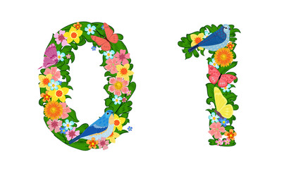 fancy collection of colorful numbers 0, 1 with butterflies and b