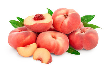 Ripe chinese flat peach fruit and half with leaf isolated on white background