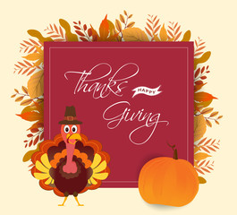 Stylish text of Thanksgiving with turkey bird, pumpkin and autumn leaves decorated on soft background.