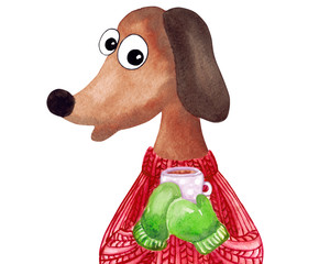Watercolor Dachshund dog in sweater holding cup of coffee. Hand drawn dog greeting card