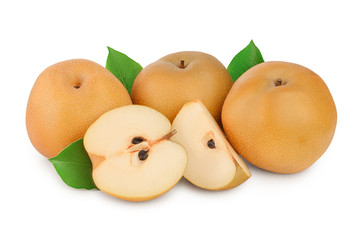 Fresh asian pear with leaf isolated on white background