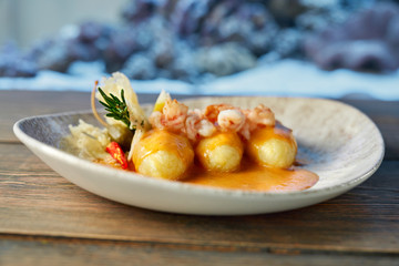 Tasty dish with shrimps.
