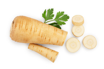 Parsnip root and slices with parsley isolated on white background closeup. Top view. Flat lay