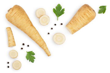 Parsnip root and slices with parsley peppercorns isolated on white background with copy space for your text. Top view. Flat lay,