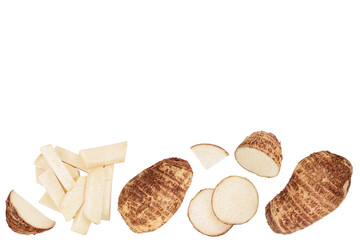 fresh taro root isolated on white background with copy space for your text. Top view. Flat lay. Set or collection
