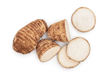 fresh taro root isolated on white background. Top view. Flat lay