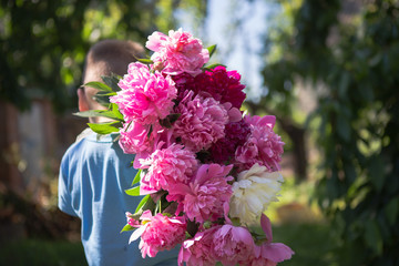 View from the back of little boy in his hands a large bouquet of beautiful peony flowers