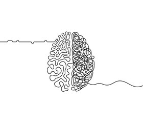 Créativité du cerveau humain vs chaos logique et commandez un concept de dessin au trait continu, organisé vs hémisphères cérébraux gauche et droit désorganisés comme métaphore de la théorie du chaos, illustration vectorielle à une ligne