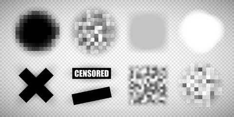 Censorship elements of various types, censored bar and pixel censor mosaics signs set, censure pixelation effect and blur, templates for visual materials censoring - obrazy, fototapety, plakaty