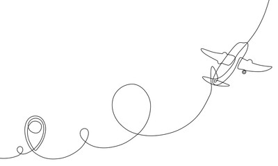 Single line drawing of airplane flight path with start point, one line art of jet airliner takeoff, a continuous line concept for tourism or commercial airlines