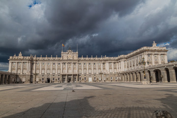 Fototapeta na wymiar Cloudy sky behind Palacio Real (Royal Palace) in Madrid, Spain