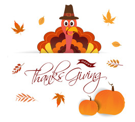Thanksgiving banner or poster design with illustration of turkey bird wearing pilgrim hat, pumpkins and autumn leaves decorated on white background.