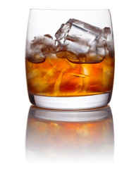 Glass of whiskey withl natural ice isolated on  white.