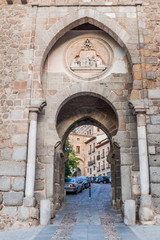 TOLEDO, SPAIN - OCTOBER 23, 2017:View through Puerta del Sol gate in Toledo, Spain