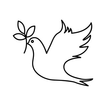 Dove of peace flying with a green twig olive outline. Peace concept. Flat vector stock illustration.