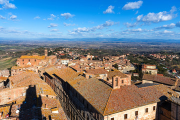 Naklejka premium Picturesque aerial view of the medieval town Montepulciano in Tuscany, Italy. Aerial view of the historical centre in winter.