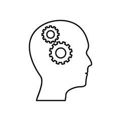 Human head with gear symbol icon thin line for web and mobile, modern minimalistic flat design. Vector dark grey icon on light grey background.