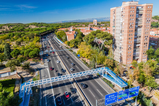 MADRID, SPAIN - OCTOBER 25, 2017: Autopista de Circunvalacion M-30 freeway in Madrid.