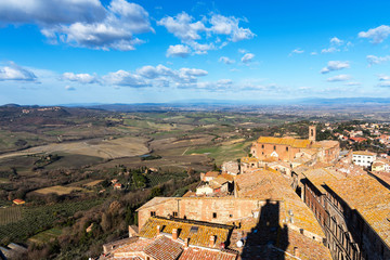 Obraz premium Picturesque aerial view of the medieval town Montepulciano in Tuscany, Italy. Aerial view of the historical centre in winter.