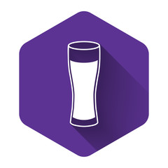 White Glass of beer icon isolated with long shadow. Purple hexagon button. Vector Illustration
