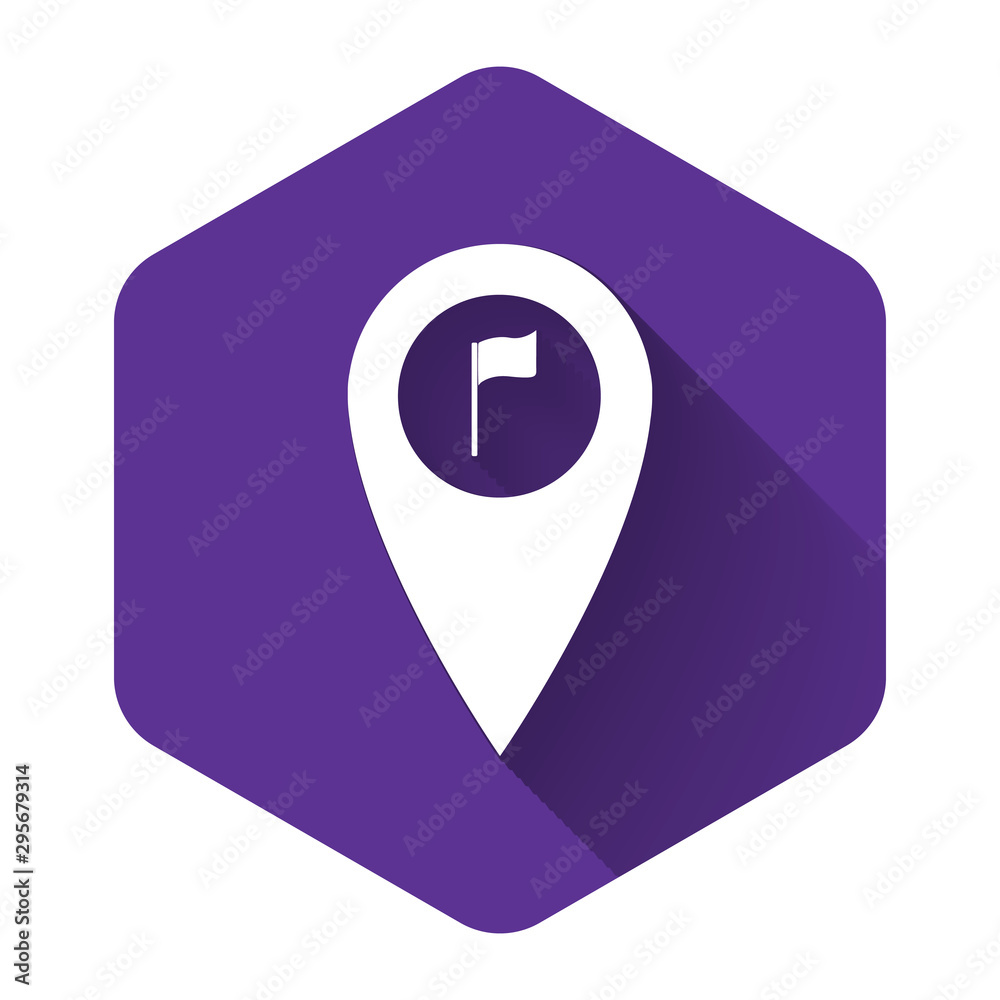Poster white map pointer with golf flag icon isolated with long shadow. location marker symbol. purple hexa