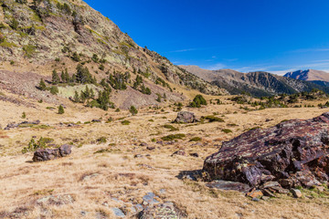 Fototapeta na wymiar Landscape of Parc Natural Comunal de les Valls del Comapedrosa national park in Andorra