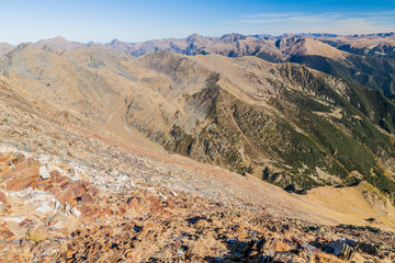 Peaks of Pyrenees from Coma Pedrosa, highest mountain in Andorra