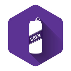 White Beer can icon isolated with long shadow. Purple hexagon button. Vector Illustration