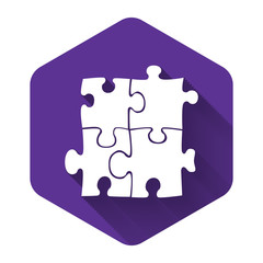 White Piece of puzzle icon isolated with long shadow. Business, marketing, finance, template, layout, infographics, internet concept. Purple hexagon button. Vector Illustration