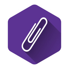 Obraz premium White Paper clip icon isolated with long shadow. Purple hexagon button. Vector Illustration