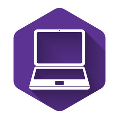 White Laptop icon isolated with long shadow. Computer notebook with empty screen sign. Purple hexagon button. Vector Illustration