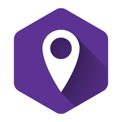 White Map pin icon isolated with long shadow. Pointer symbol. Location sign. Navigation map, gps, direction, place, compass, contact, search concept. Purple hexagon button. Vector Illustration