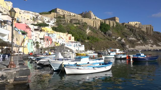 Colorful harbour in the beautiful island of Procida, near Napoli, Campania region, Italy. 