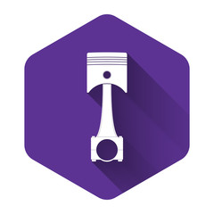 White Engine piston icon isolated with long shadow. Car engine piston sign. Purple hexagon button. Vector Illustration