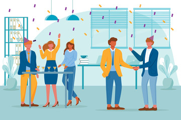 Business team celebrate birthday party flat vector illustration. Anniversary entertainment. Festive event with colleagues. Employees have together cocktails on office party cartoon characters