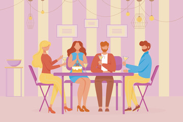 Birthday celebration flat vector illustration. Men and woman congratulate girlfriend with thirty anniversary. Girl and friends have party in cafe with cake and cocktails cartoon characters