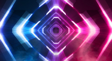 Wet asphalt, concrete, road. Night view of a dark neon scene. Neon lights, lines, rays of blue red neon. Abstract light, virtual scene.